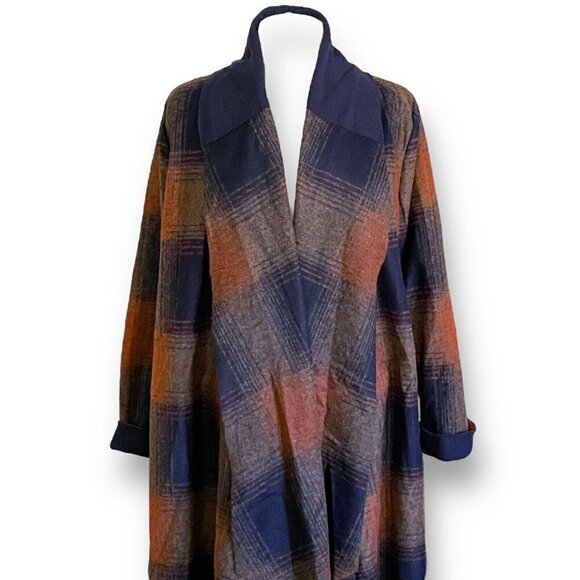 Elemente Clemente Womens Duster Jacket Sz 2 M Blue Brown Wool Plaid Lagenlook - Picture 2 of 9